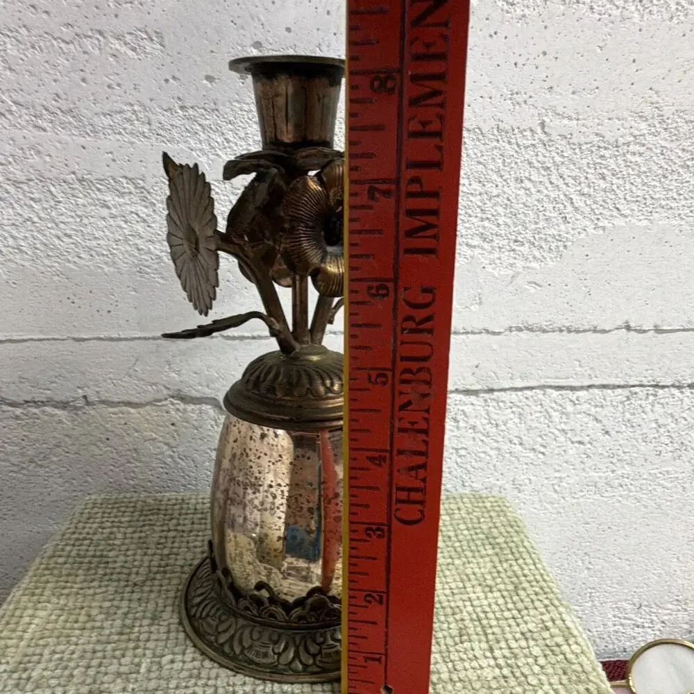 Vintage Brass Copper Candle Holder Mercury Glass Floral Flowers 8” Boho Decor